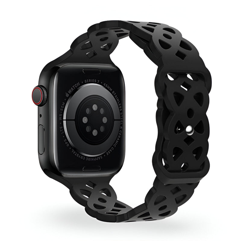 Bracelet Apple Watch en silicone noir modèle Astra avec design ajouré et boucle ajustable.