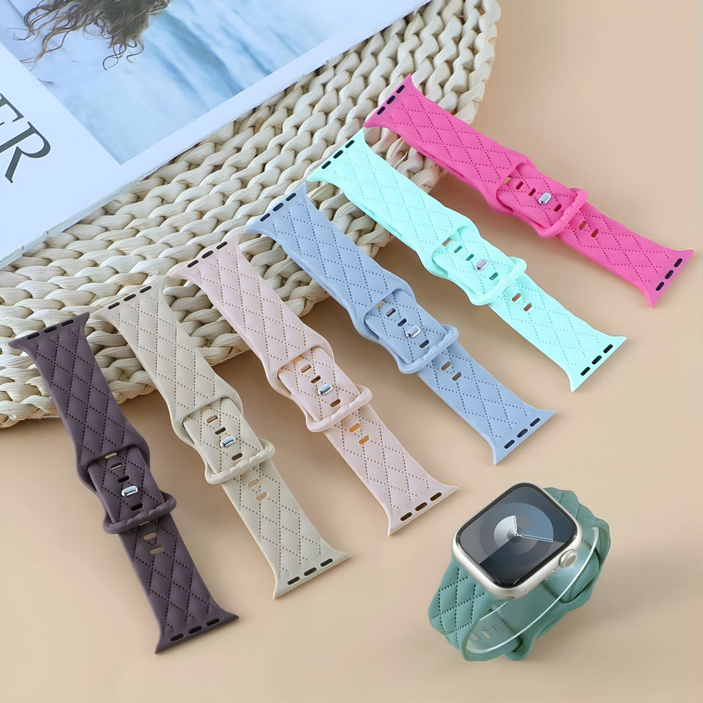Bracelets en silicone texturé pour Apple Watch, couleurs variées, style tressé, boucle ajustable.