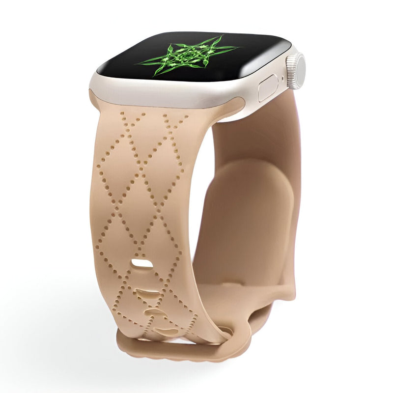Bracelet en silicone beige clair avec motif losanges pour Apple Watch, modèle Caliope.
