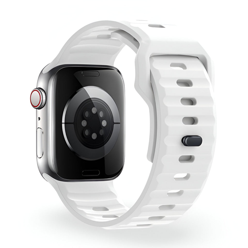 Bracelet Apple Watch Kylix blanc en silicone souple, adaptable 38 à 42 mm, design mixte.