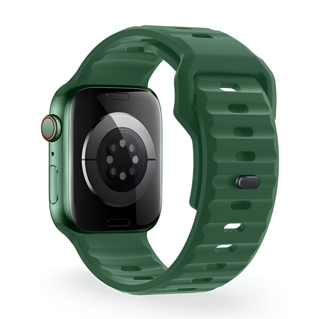 Bracelet Apple Watch silicone vert kaki model Kylix, ajustable, style sport robuste.