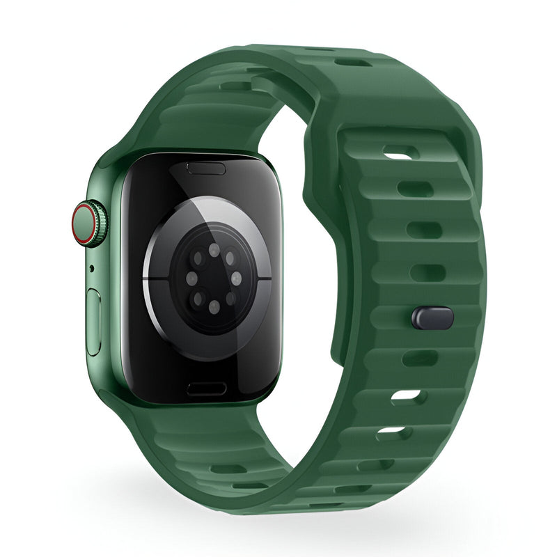 Bracelet Apple Watch silicone vert kaki model Kylix, ajustable, style sport robuste.