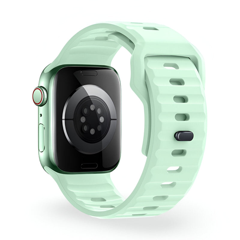 Bracelet Apple Watch en silicone vert menthe taille 43 à 49 mm design sport ajustable.