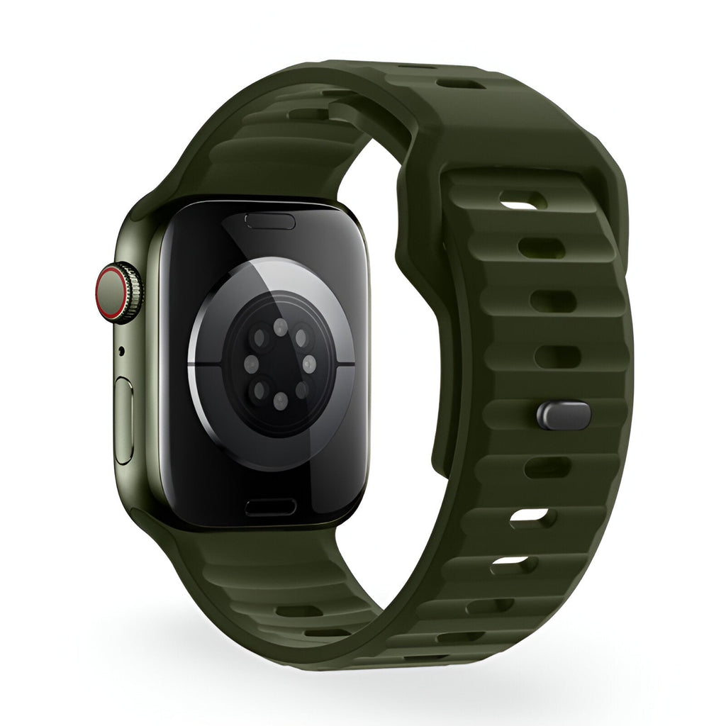 Bracelet Apple Watch en silicone kaki, modèle Kylix, pour boîtiers 43 à 49 mm, style sport ajustable.