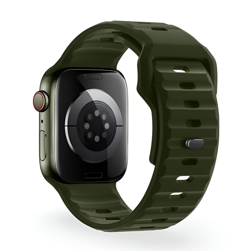 Bracelet Apple Watch en silicone kaki, modèle Kylix, pour boîtiers 43 à 49 mm, style sport ajustable.