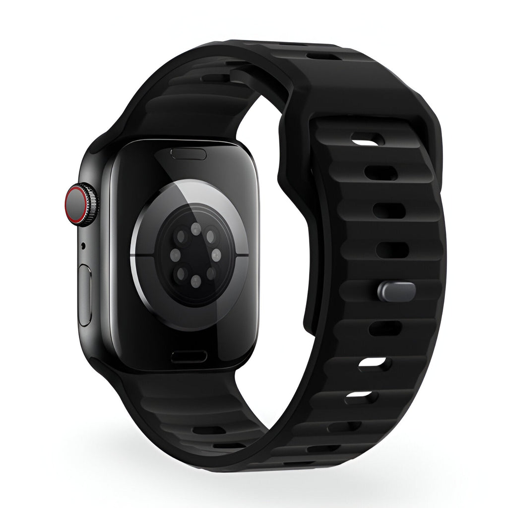 Bracelet Apple Watch Kylix en silicone noir pour 38 à 42 mm, design ajustable et sécurisé.