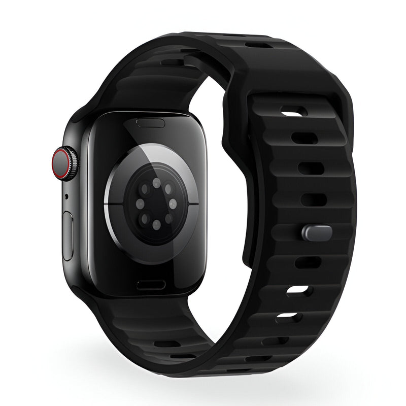 Bracelet Apple Watch Kylix en silicone noir pour 38 à 42 mm, design ajustable et sécurisé.