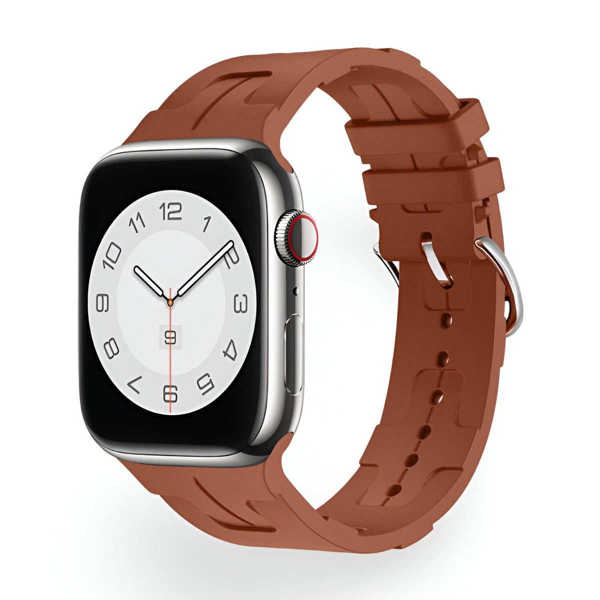Bracelet Apple Watch en silicone marron modèle Luxa avec boucle argentée, taille ajustable.