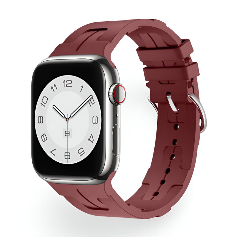 Bracelet Apple Watch en silicone pourpre avec boucle ardillon argentée, modèle Luxa.