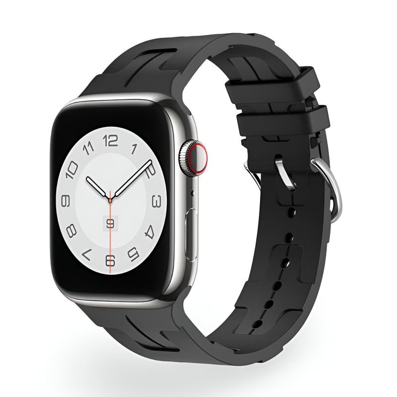 Bracelet Apple Watch silicone noir, modèle Luxa, boucle à ardillon argentée, taille ajustable.