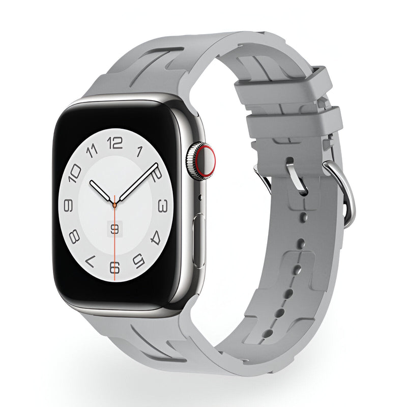 Bracelet Apple Watch en silicone gris clair, style Luxa, ajustable de 38 à 42 mm.