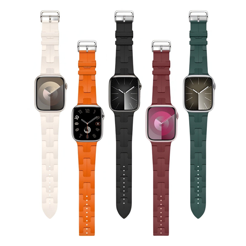 Bracelets Apple Watch en silicone, couleurs blanc cassé, orange, noir, pourpre et vert foncé, tailles variées.