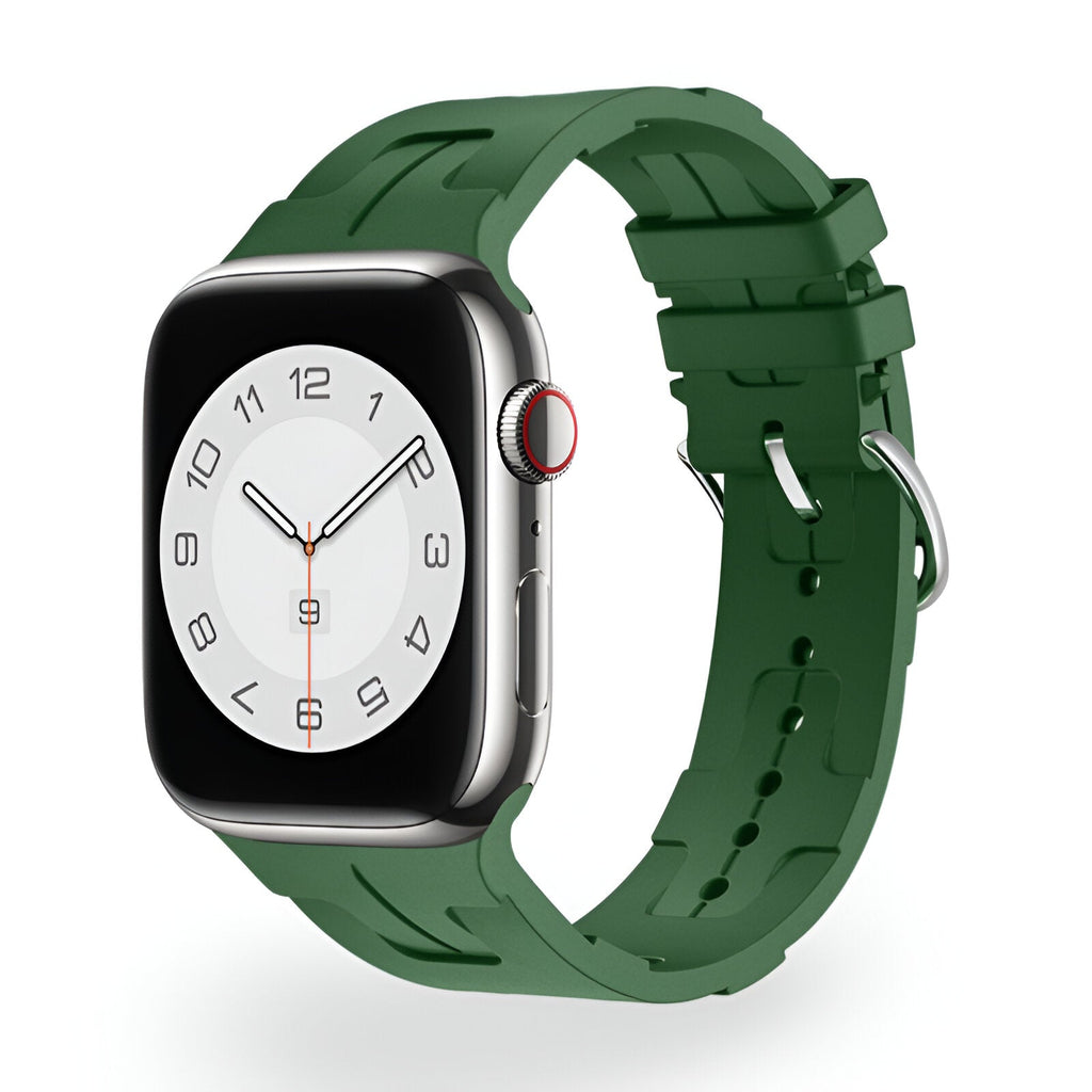 Bracelet Apple Watch en silicone vert kaki, design mixte, boucle en métal argenté, modèle Luxa.