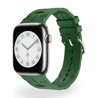 Bracelet Apple Watch en silicone vert kaki, design mixte, boucle en métal argenté, modèle Luxa.