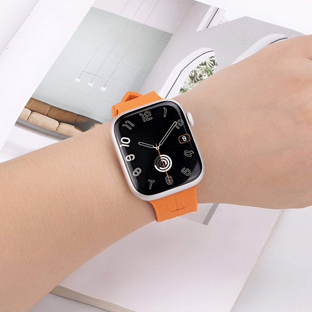 Bracelet Apple Watch en silicone orange vif avec boucle classique, modèle Luxa.