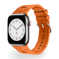 Bracelet Apple Watch en silicone orange vif, design mixte, ajustable de 38 à 42 mm.