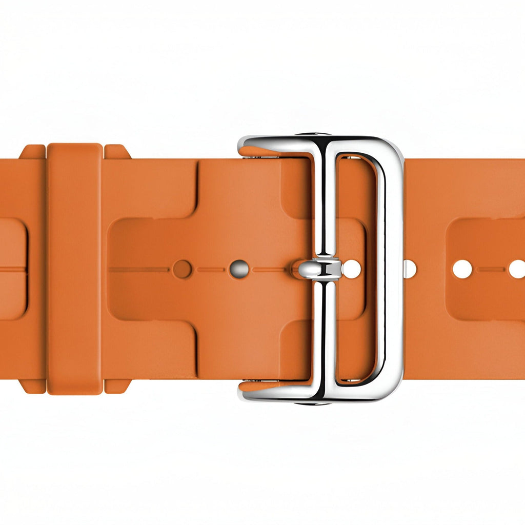 Bracelet Apple Watch en silicone orange avec boucle métallique brillante, modèle Luxa, taille 38-42 mm.
