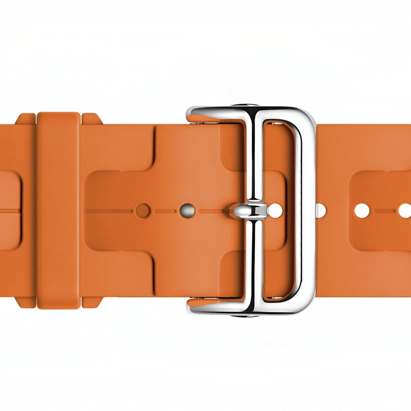 Bracelet Apple Watch en silicone orange avec boucle métallique brillante, modèle Luxa, taille 38-42 mm.