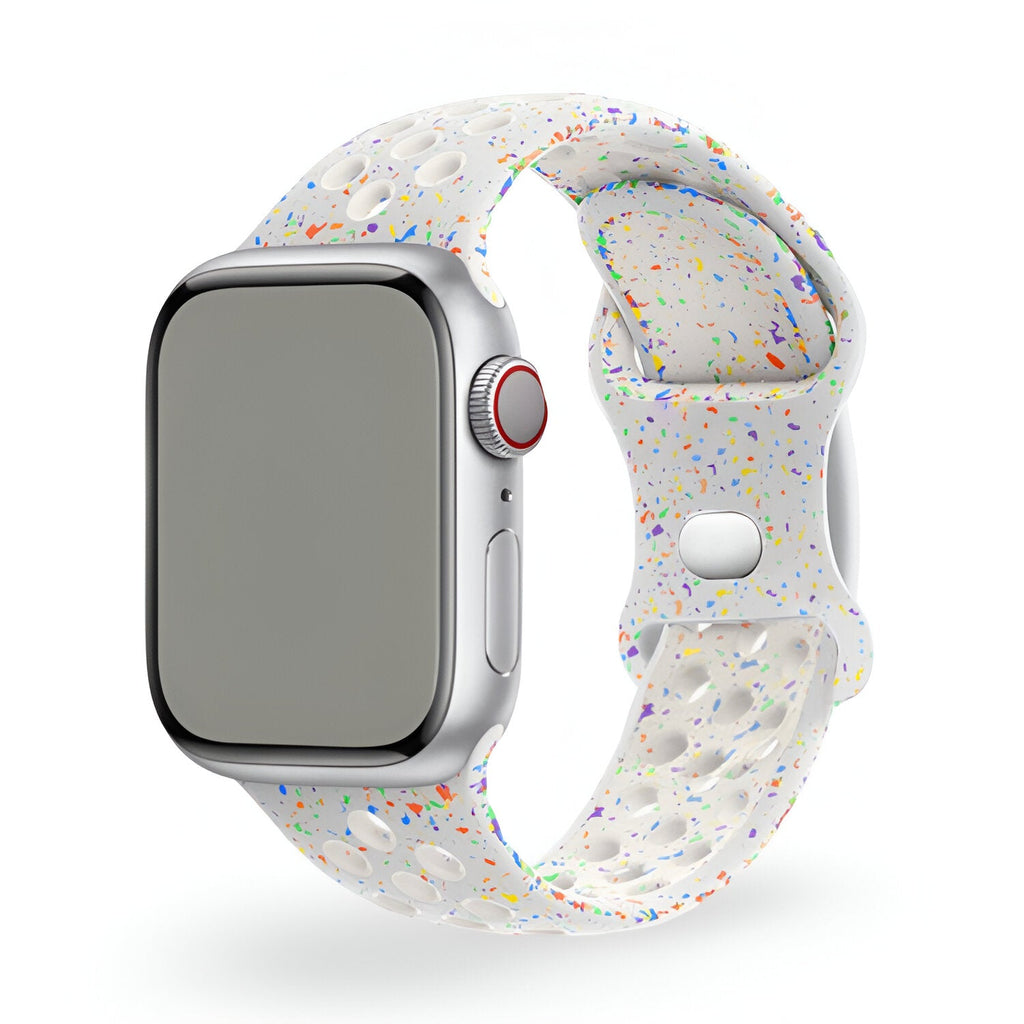 Bracelet Apple Watch en silicone blanc à motifs confettis multicolores, modèle Nyro, mixte.