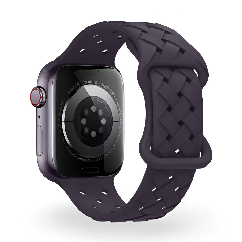 Bracelet en silicone noir pour Apple Watch avec tressage élégant, modèle Quorra.