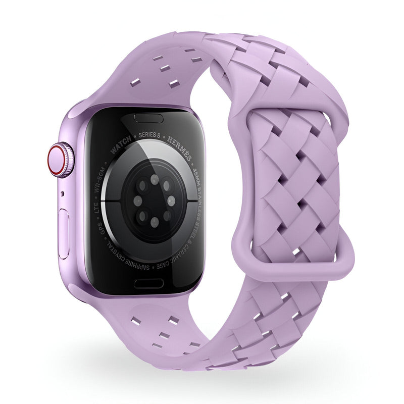 Bracelet en silicone lilas tressé pour Apple Watch, style mixte et moderne, taille ajustable.