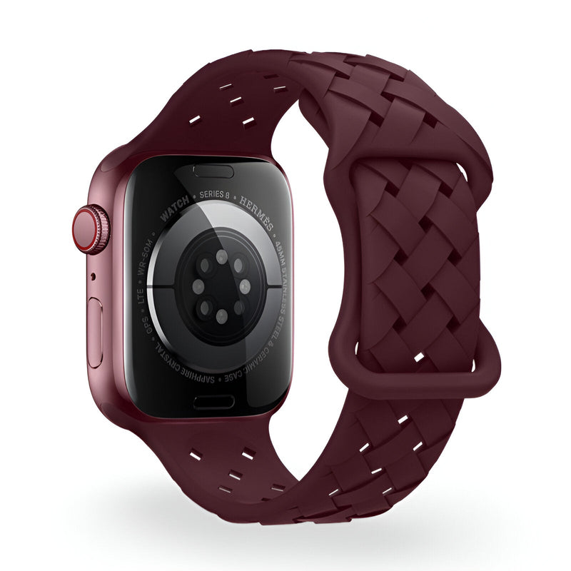 Bracelet Apple Watch en silicone bordeaux tressé, pour modèles 38 à 42 mm.