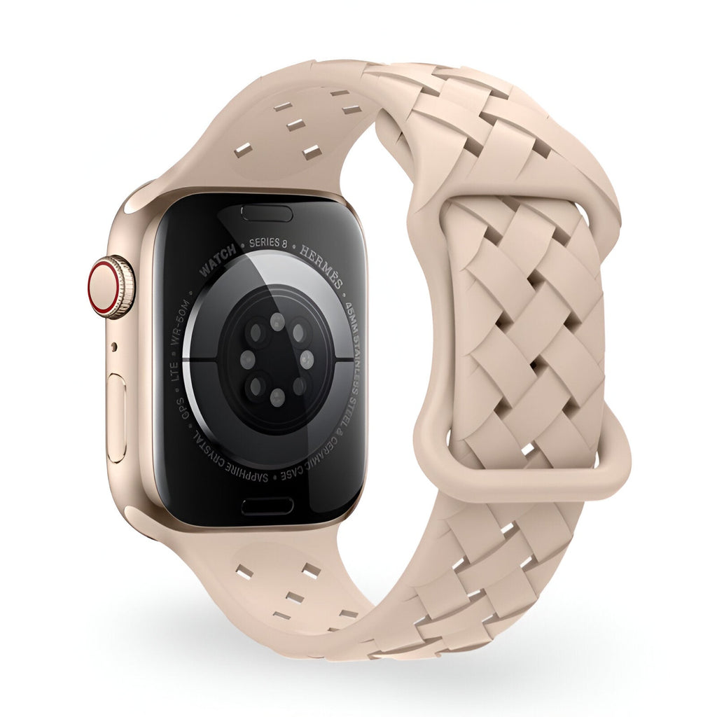 Bracelet Apple Watch en silicone beige avec design tressé et boucle ajustable.