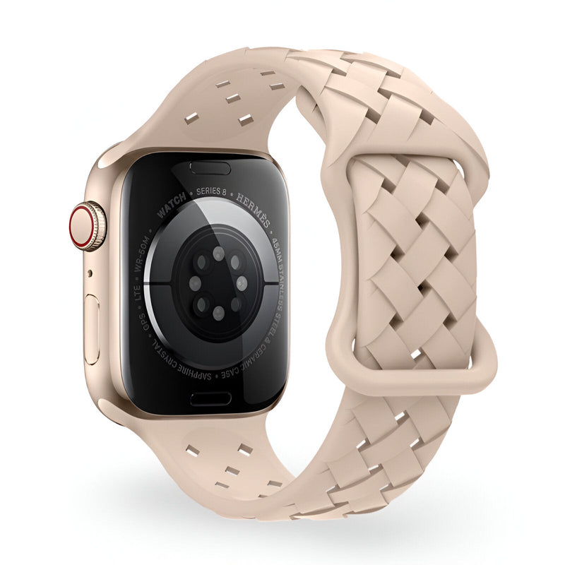 Bracelet Apple Watch en silicone beige avec design tressé et boucle ajustable.