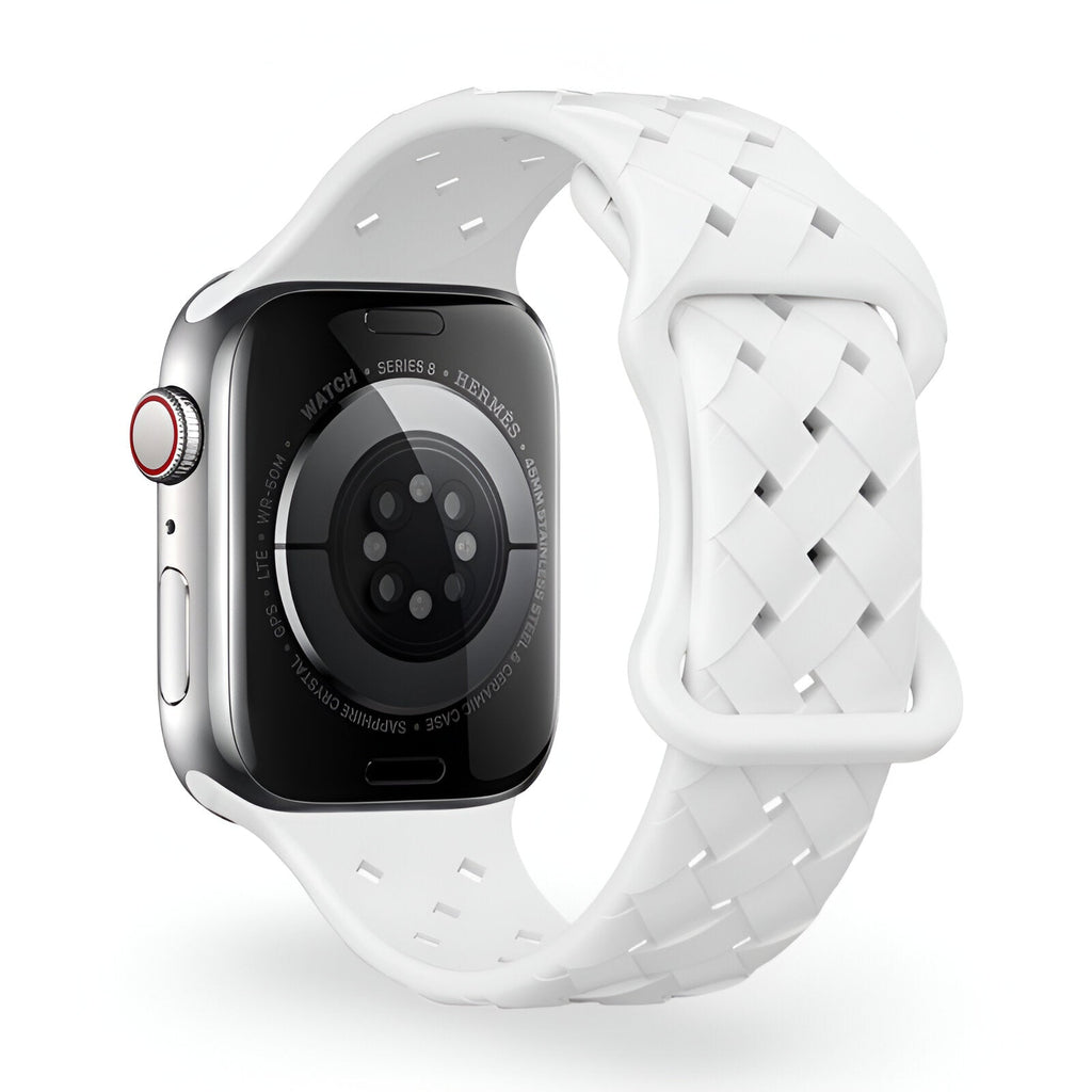 Bracelet Apple Watch Quorra blanc en silicone tressé, style unisexe, ajustable de 38 à 42 mm.