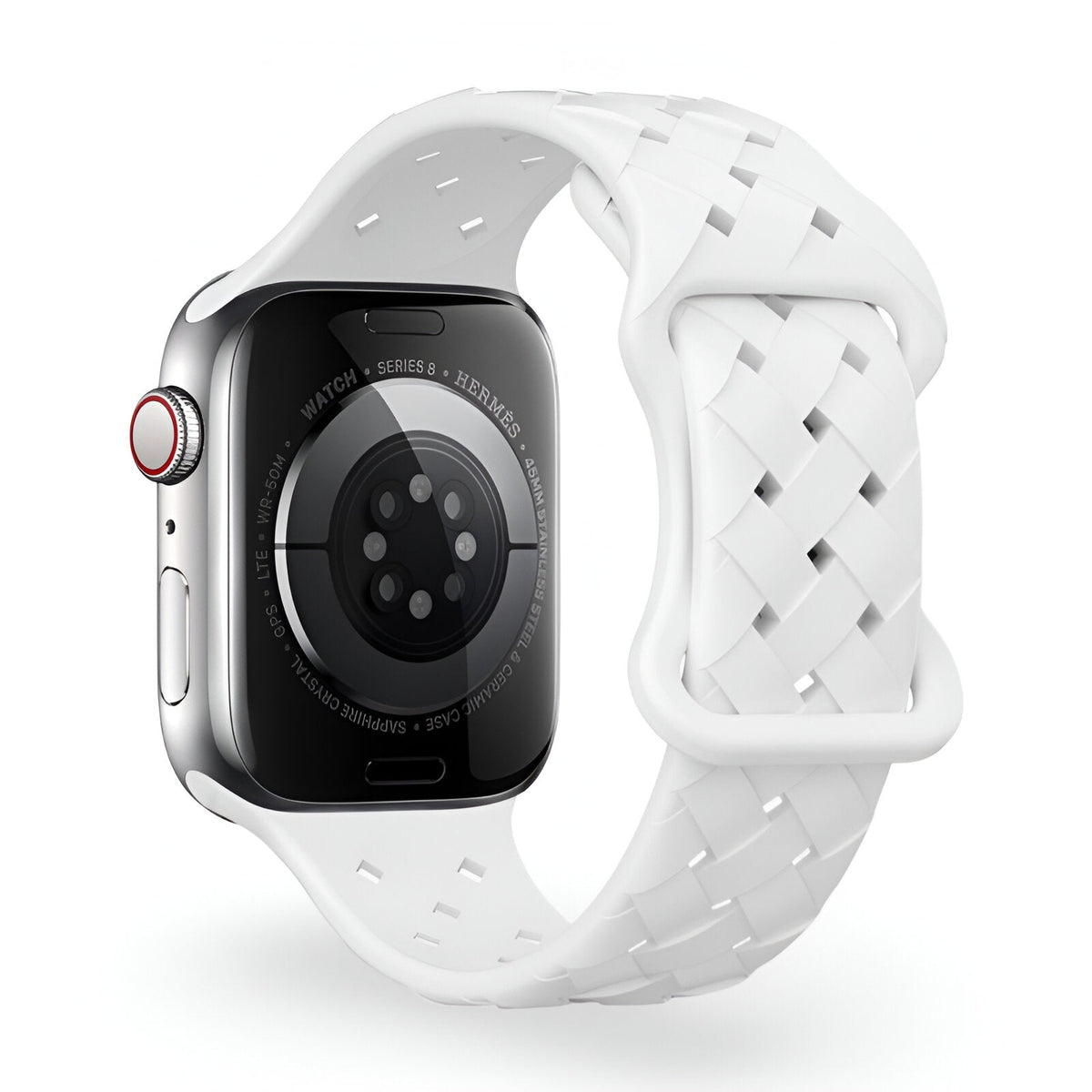 Bracelet Apple Watch Quorra blanc en silicone tressé, style unisexe, ajustable de 38 à 42 mm.
