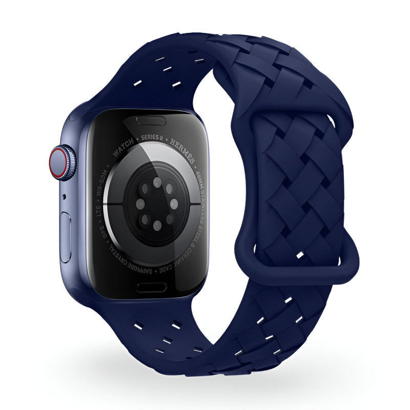 Bracelet Apple Watch en silicone bleu tressé modèle Quorra compatible 38 à 42 mm.