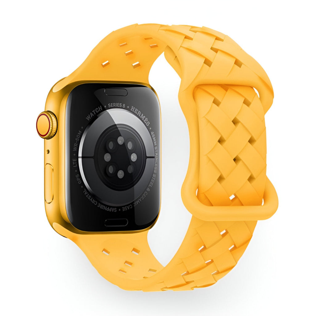 Bracelet Apple Watch silicone jaune tressé style Quorra pour modèles 38 à 42 mm.