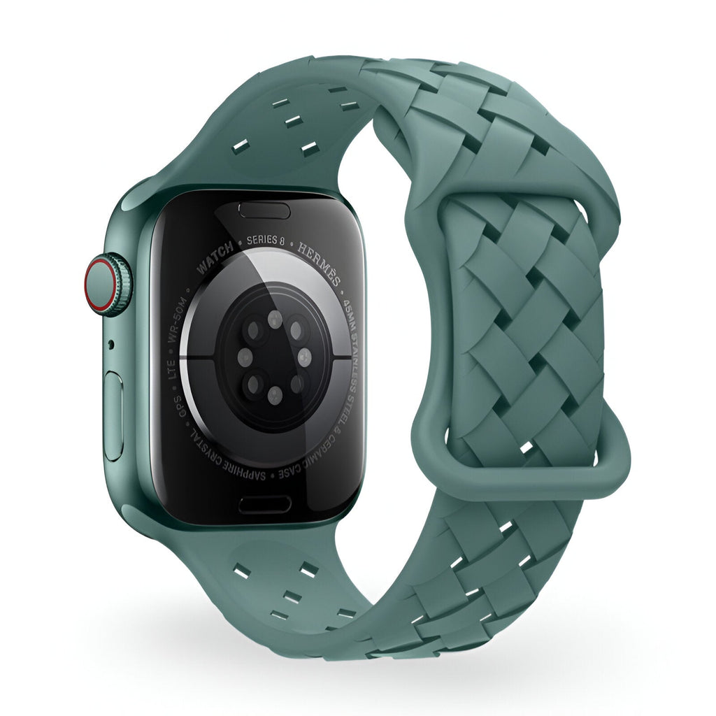 Bracelet Apple Watch en silicone vert foncé tressé, modèle Quorra, taille 38-42 mm.