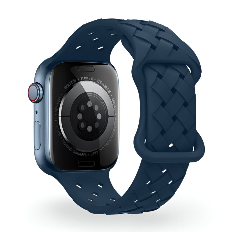 Bracelet Apple Watch silicone bleu marine tressé pour taille 43 à 49 mm.