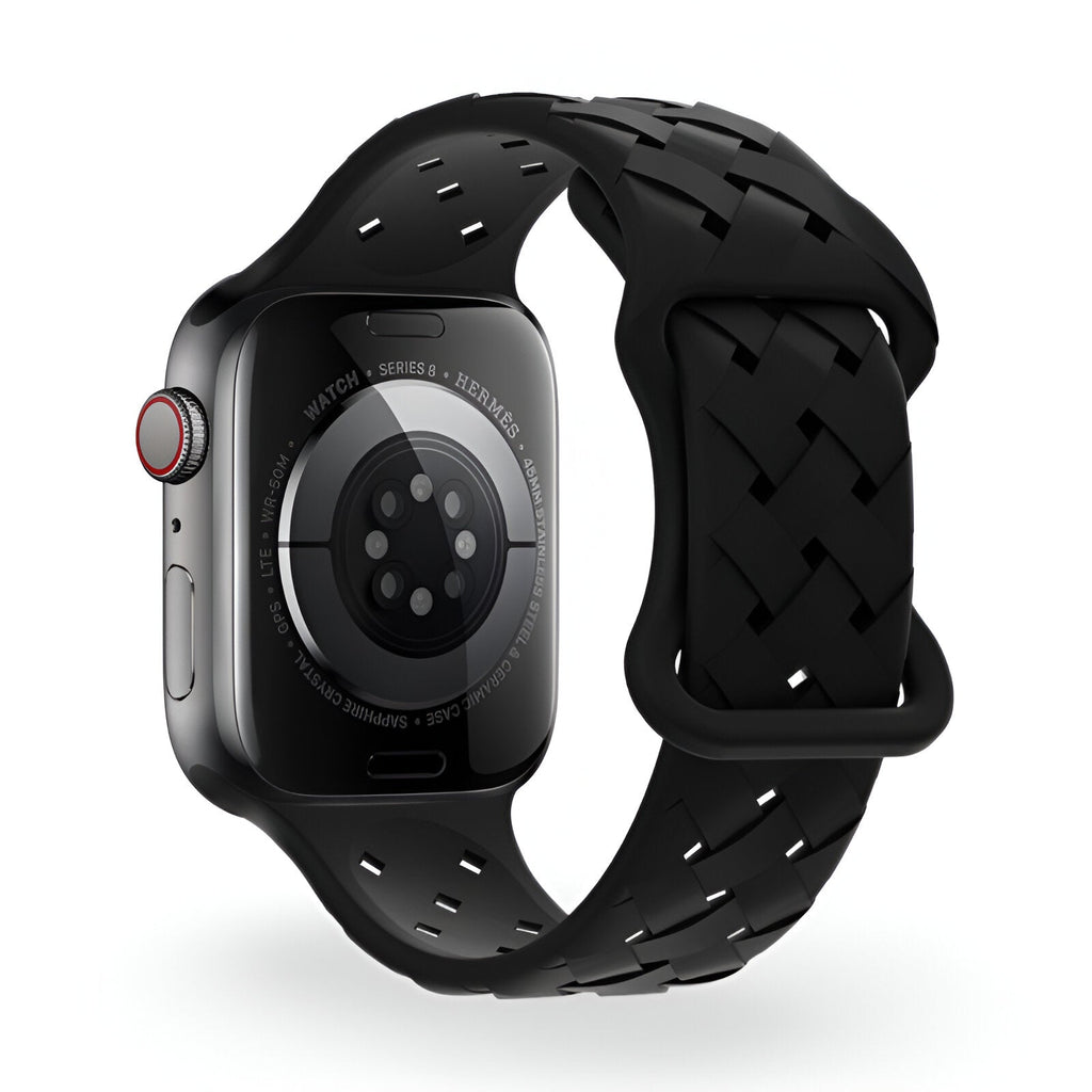 Bracelet Apple Watch silicone noir mixte avec motif tressé et perforations ajustables.