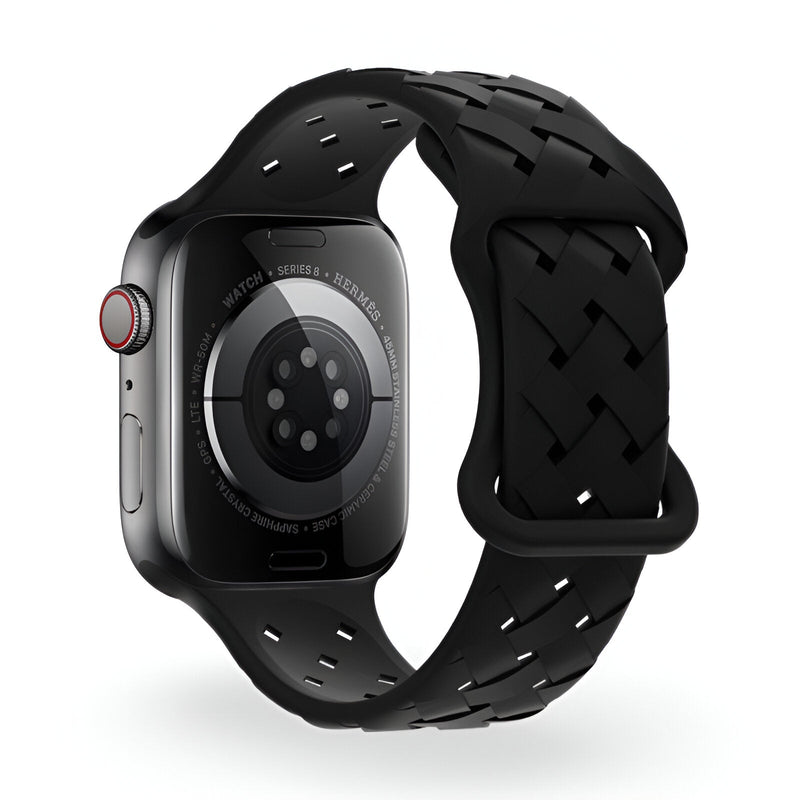 Bracelet Apple Watch silicone noir mixte avec motif tressé et perforations ajustables.