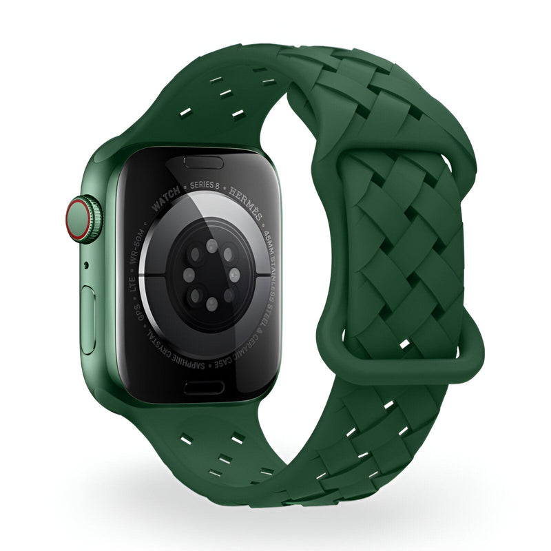 Bracelet Apple Watch silicone vert foncé tressé style Quorra, ajustable et mixte.
