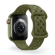Bracelet Apple Watch silicone vert olive tressé, boucle ajustable, taille 43-49 mm.