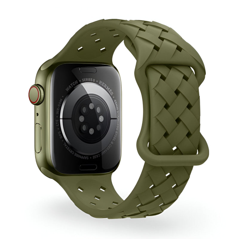 Bracelet Apple Watch silicone vert olive tressé, boucle ajustable, taille 43-49 mm.