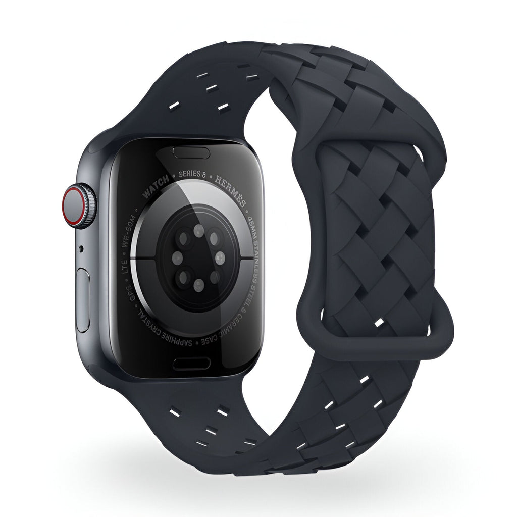 Bracelet Apple Watch en silicone noir tressé style Quorra, adapté pour 38 à 42 mm.
