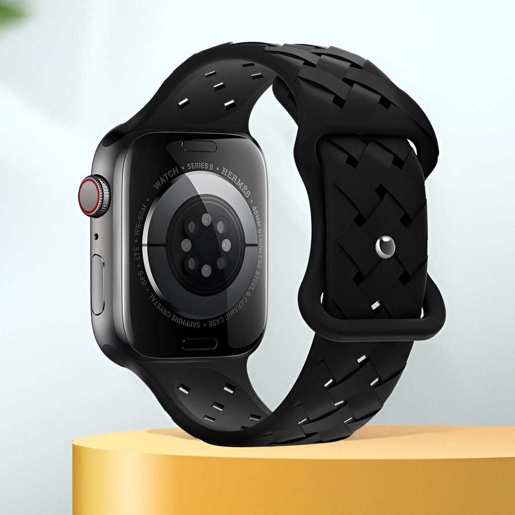 Bracelet Apple Watch en silicone noir avec motif tressé, taille 38-42 mm.