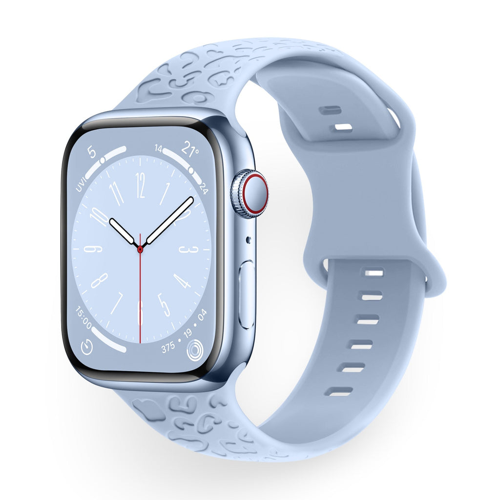 Bracelet Apple Watch en silicone bleu clair taille 38-42 mm à motifs gravés.