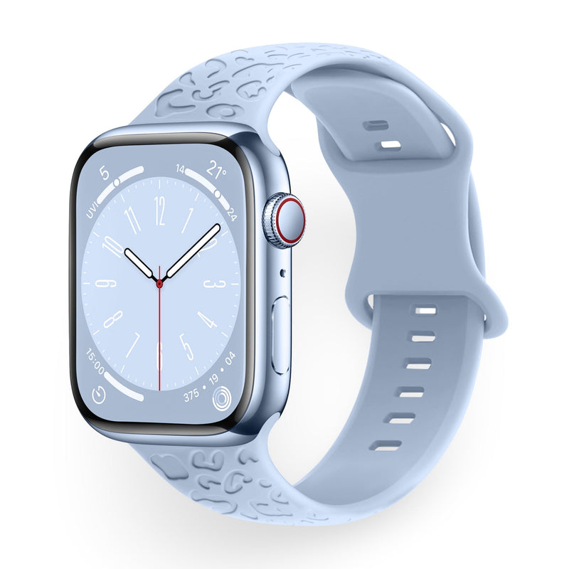 Bracelet Apple Watch en silicone bleu clair taille 38-42 mm à motifs gravés.