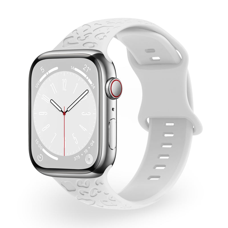 Bracelet Apple Watch en silicone blanc avec motifs texturés, taille ajustable, modèle mixte Soria.