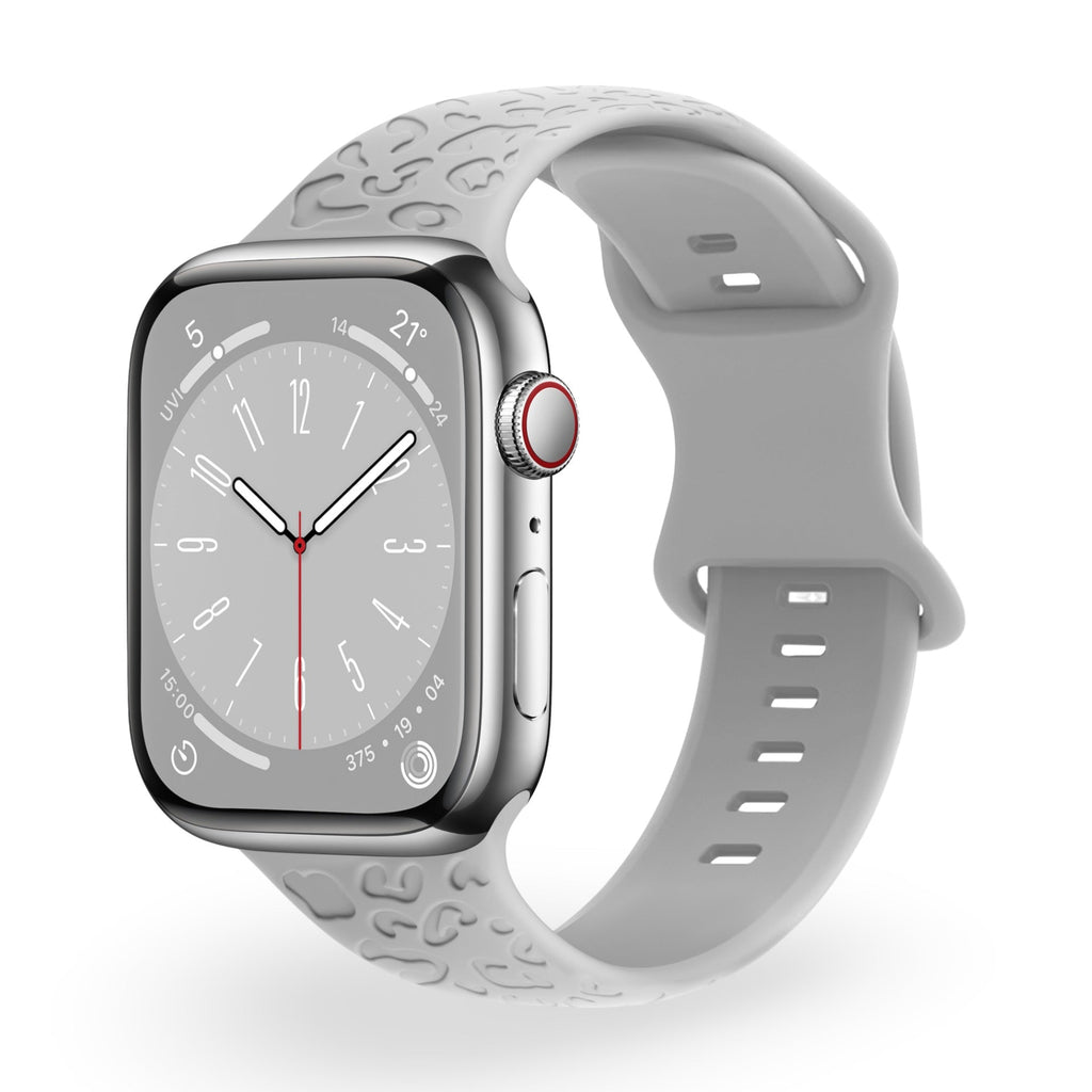 Bracelet Apple Watch en silicone gris clair avec motifs ajourés, modèle Soria, pour cadran 38-42 mm.