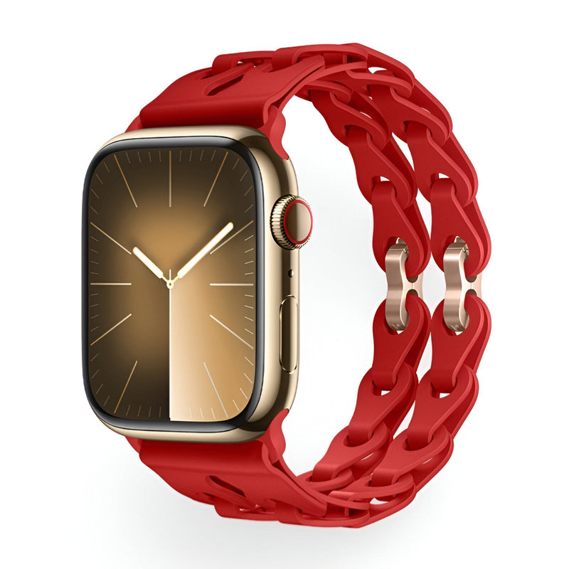 Bracelet Apple Watch silicone rouge vif modèle Vexa à double lanière entrelacée.
