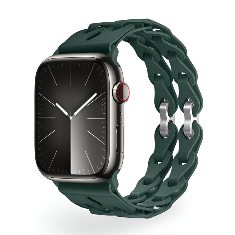 Bracelet Apple Watch en silicone vert foncé à maillons souples, mixte, modèle Vexa.