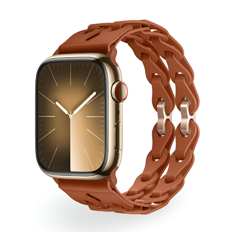 Bracelet Apple Watch silicone marron style chaîne double liens pour 38-42 mm.