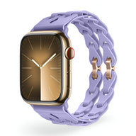 Bracelet Apple Watch en silicone violet modèle Vexa tressé double rang avec attaches dorées rose.