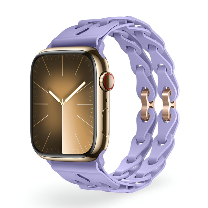 Bracelet Apple Watch en silicone violet modèle Vexa tressé double rang avec attaches dorées rose.